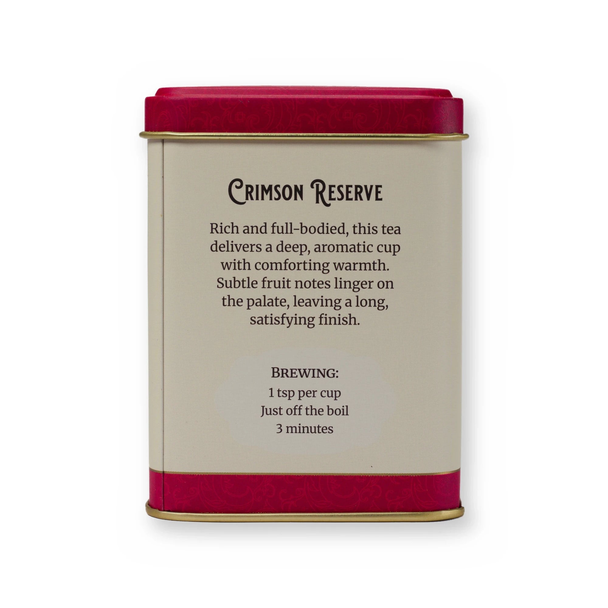 Crimson Reserve smooth & strong black tea, small tin, back
