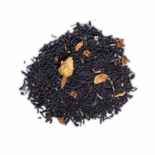 Loose leaf Duchess of Bedford tea by High Tea with Harriet with rose petals, lavender blossoms, vanilla pieces, and lemon zest on white background