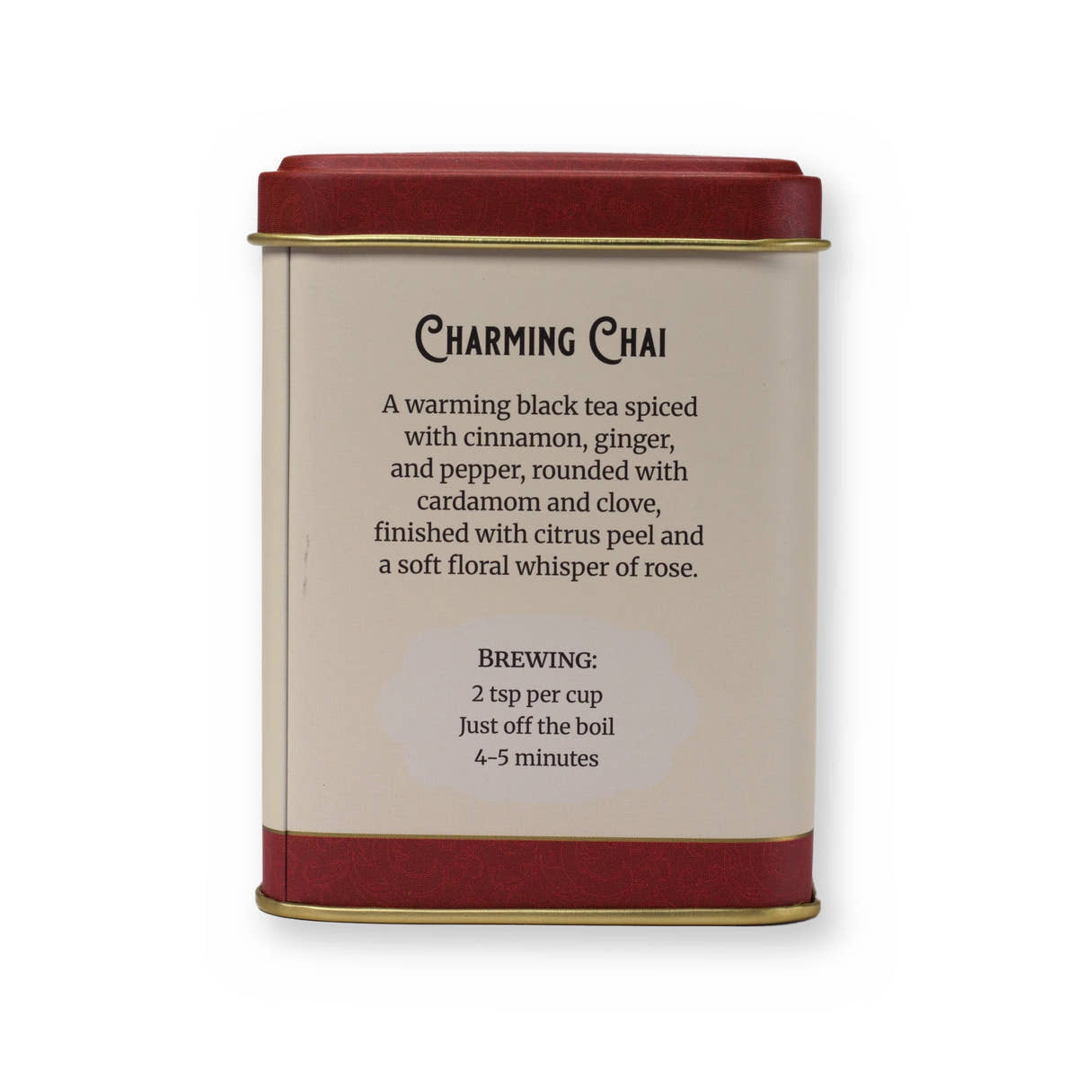 Empty Charming Chai tin, small tin, back