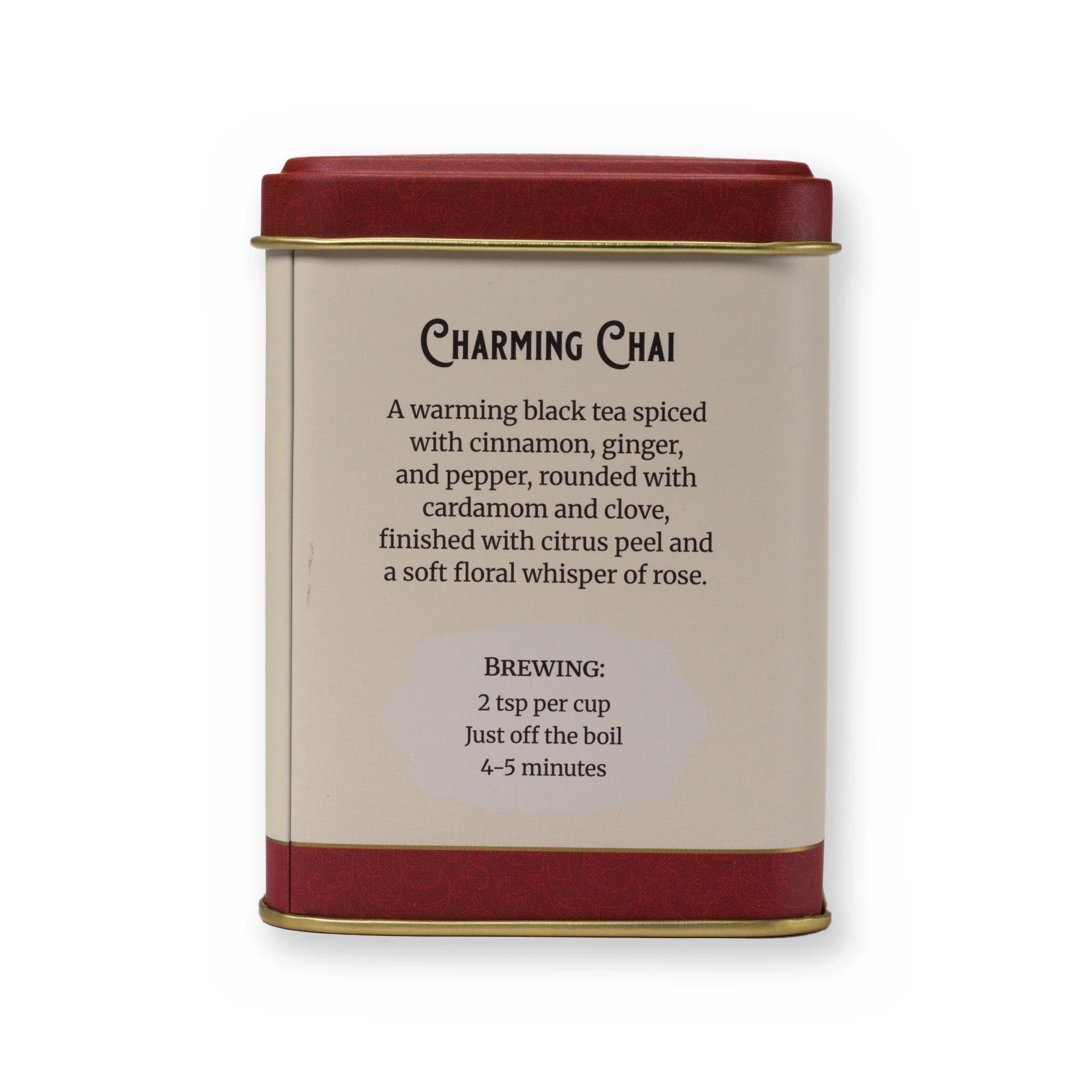 Empty Charming Chai tin, small tin, back