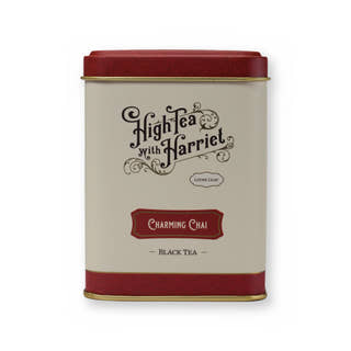 Empty Charming Chai tin, small tin, front