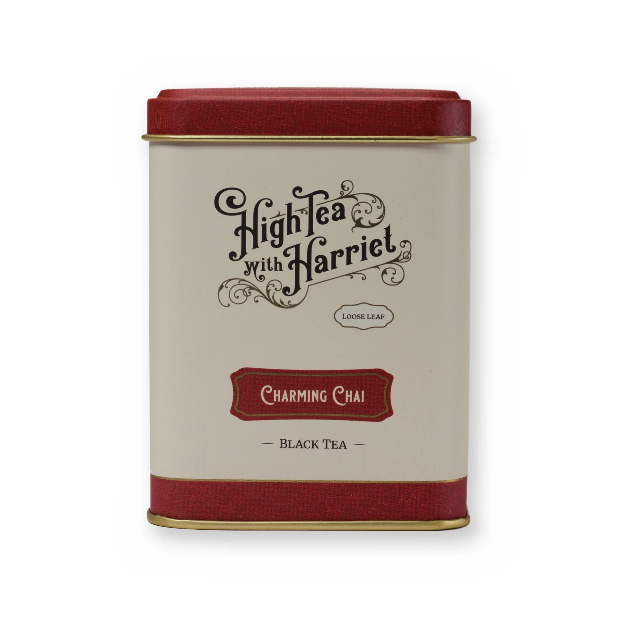 Empty Charming Chai tin, small tin, front