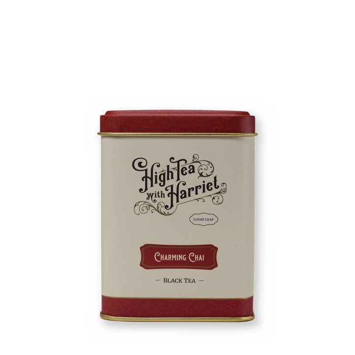 Empty Charming Chai tin, small tin, size comparison