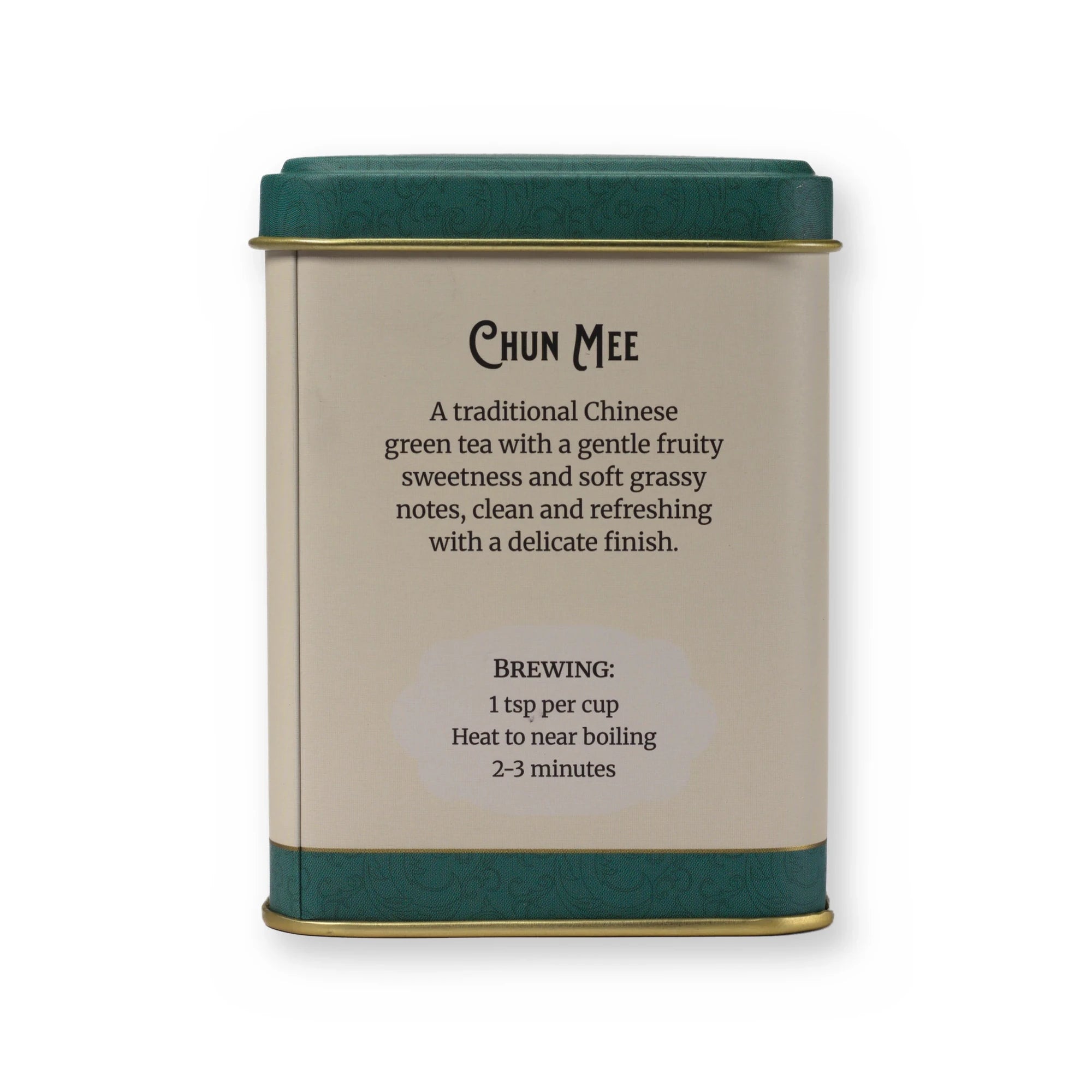 Empty Chun Mee tin, small tin, back