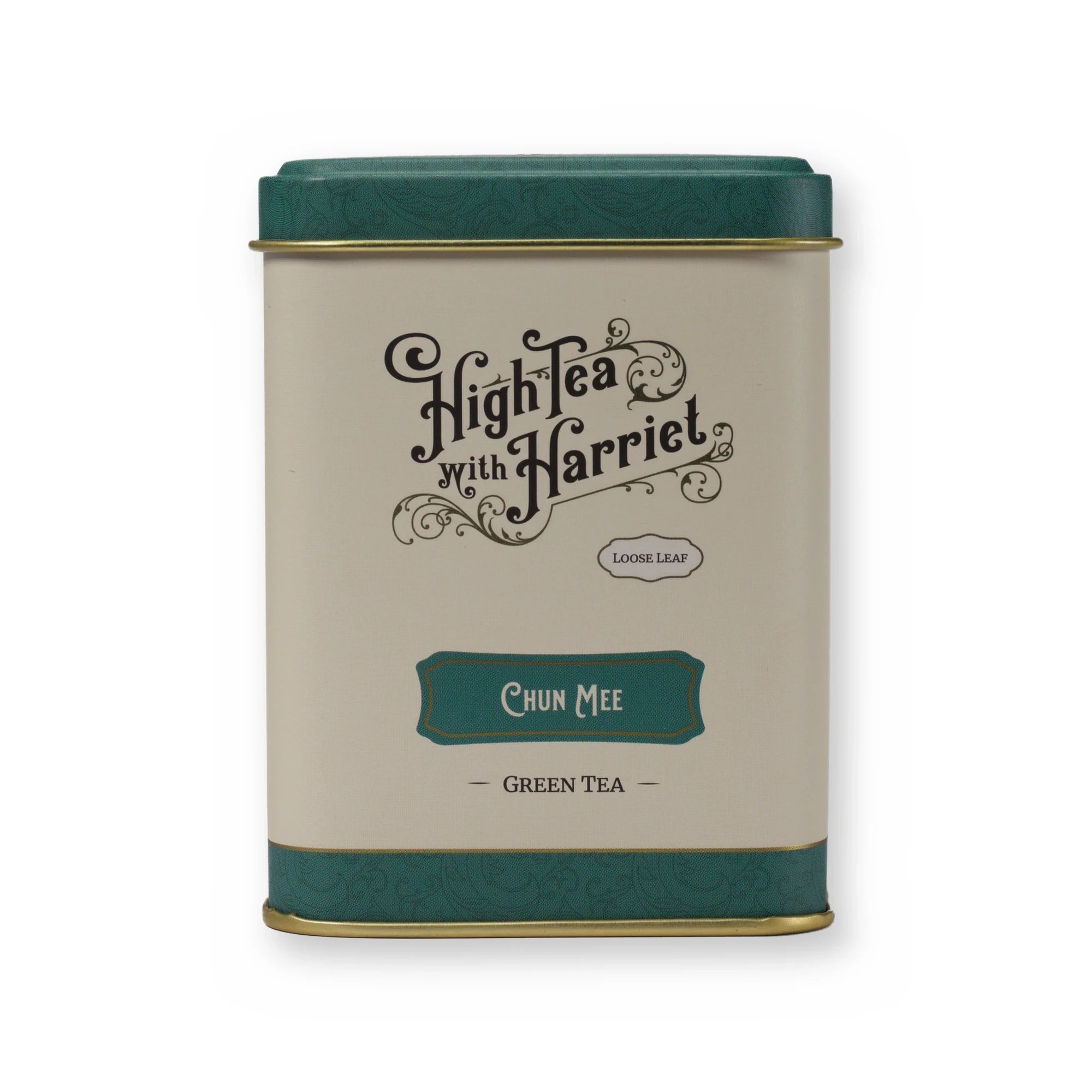 Empty Chun Mee tin, small tin, front