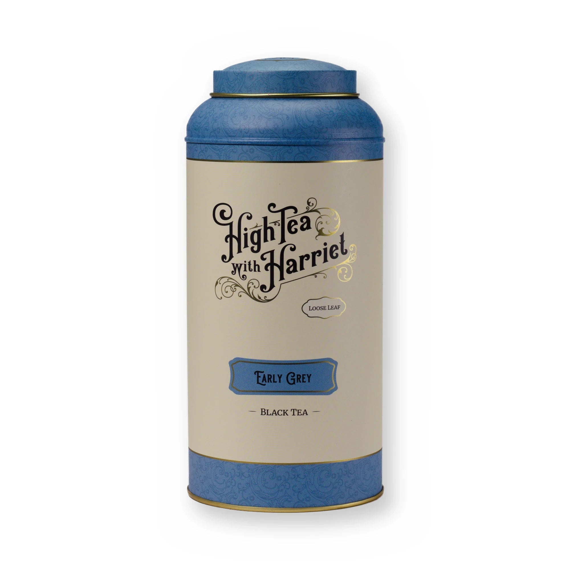 Empty Earl Grey tin, large tin, front