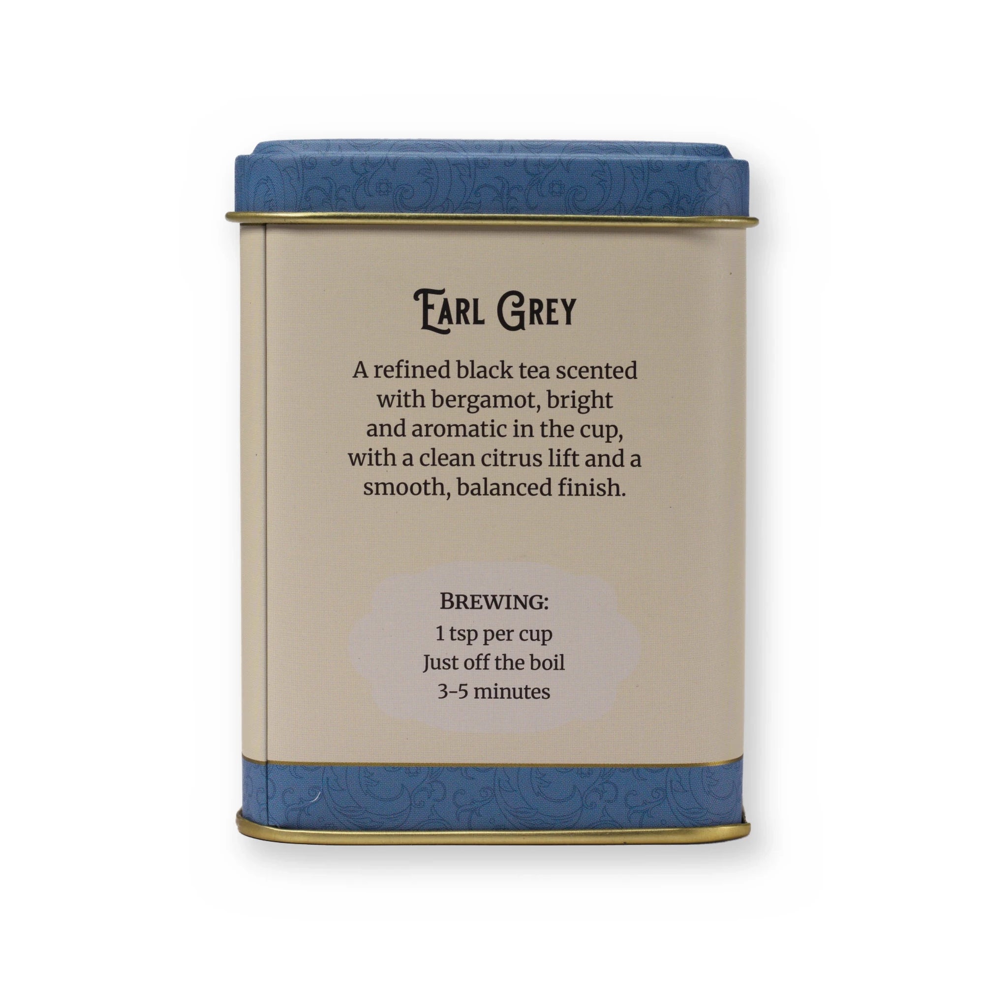 Empty Earl Grey tin, small tin, back