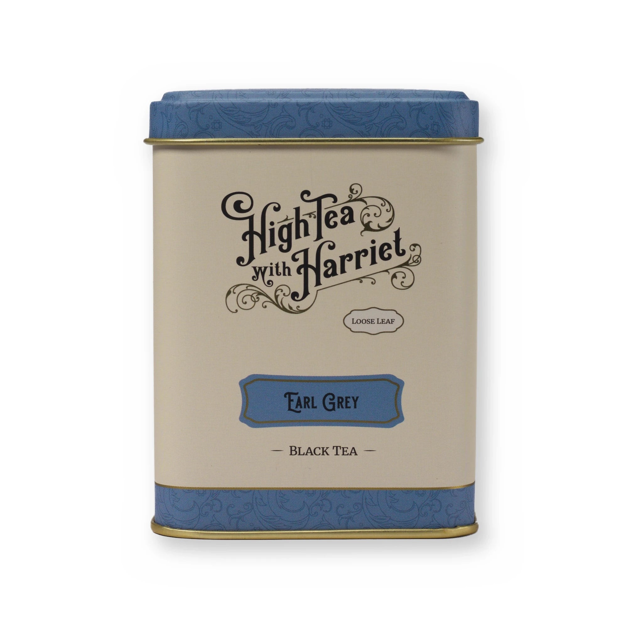 Empty Earl Grey tin, small tin, front