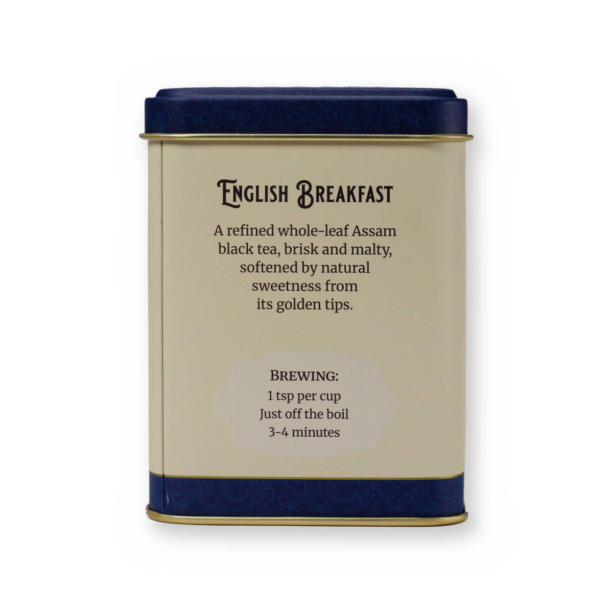 English Breakfast malty & smooth black tea, small tin, back