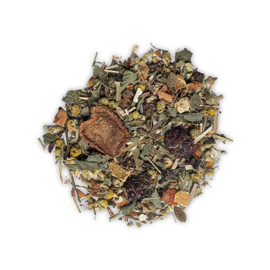 Loose leaf Fields of Gold herbal tea by High Tea with Harriet featuring chamomile, lemongrass, and dried fruits on white background
