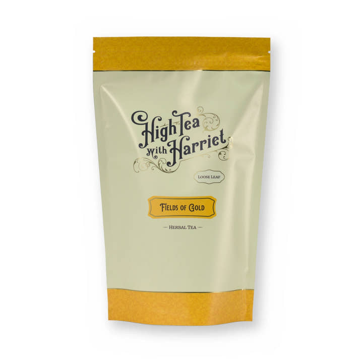 Fields of Gold chamomile & fruit herbal tea, pouch, front