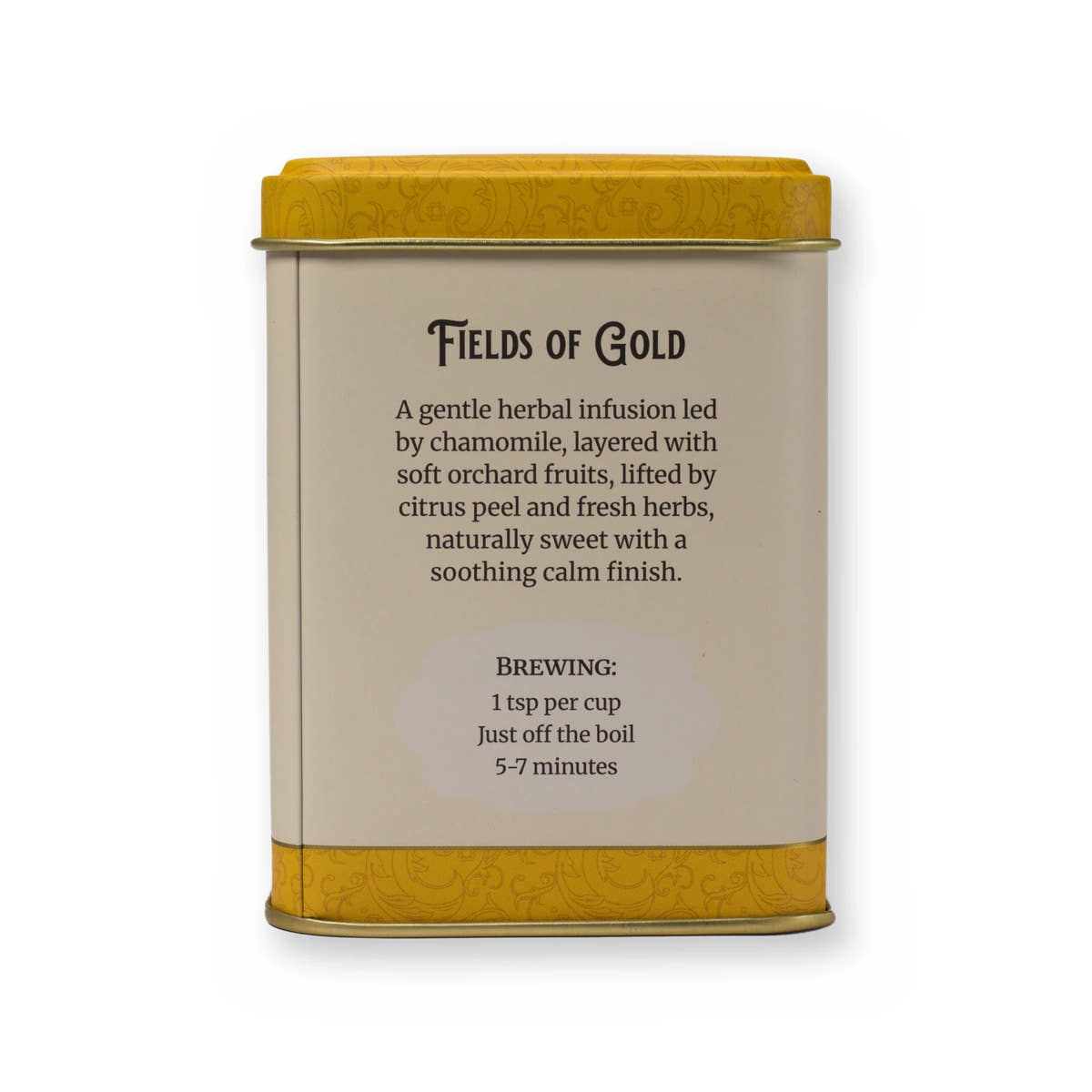 Fields of Gold chamomile & fruit herbal tea, small tin, back
