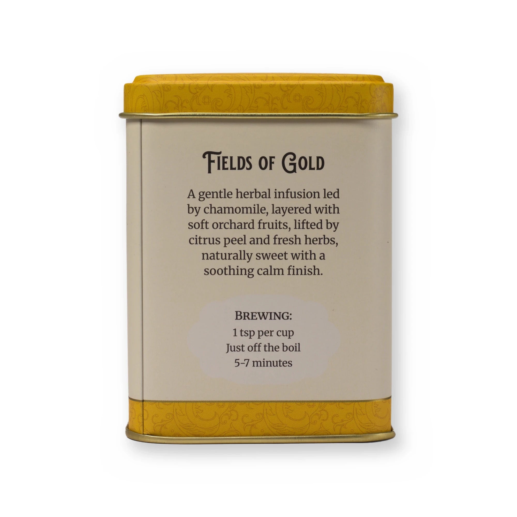 Fields of Gold chamomile & fruit herbal tea, small tin, back