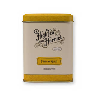 Fields of Gold chamomile & fruit herbal tea, small tin, front