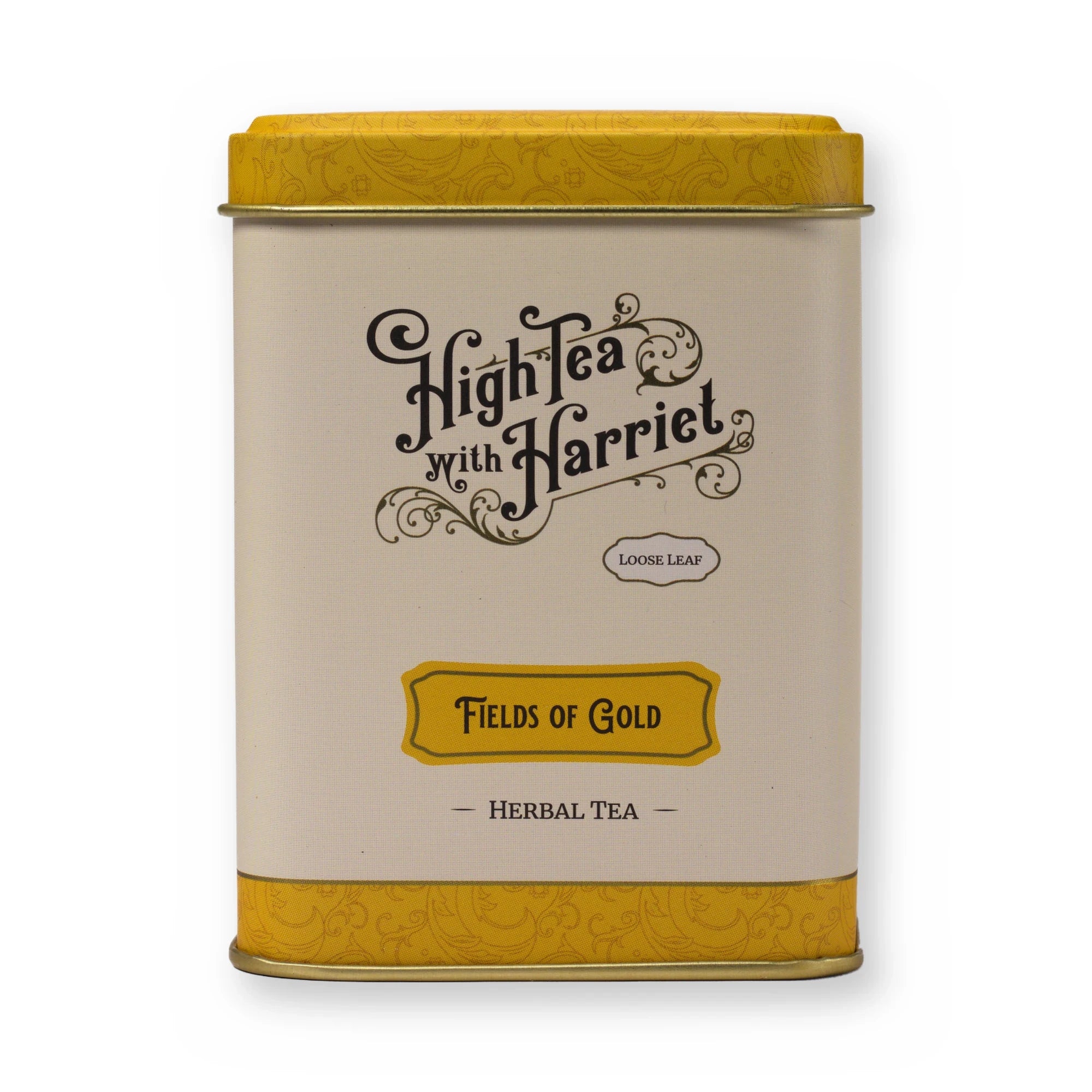 Fields of Gold chamomile & fruit herbal tea, small tin, front