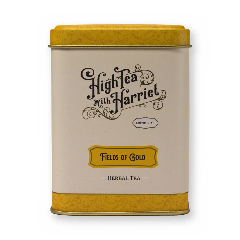 Fields of Gold chamomile & fruit herbal tea, small tin, front