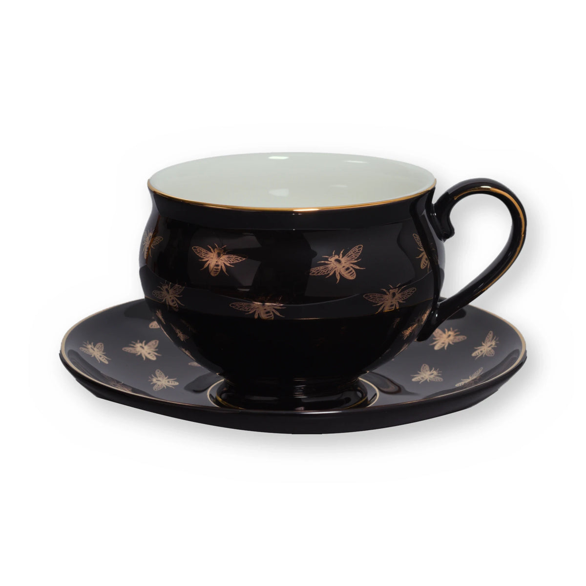 Fine bone china teacup, Black Bee design, on its saucer