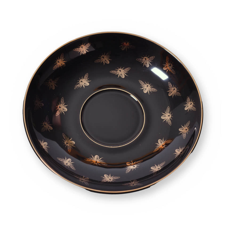 Fine bone china saucer, Black Bee design, from above