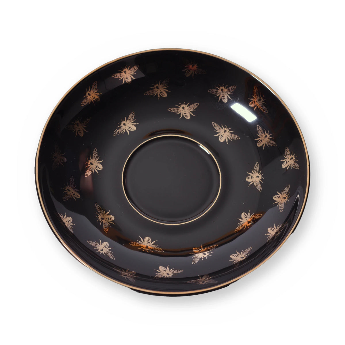 Fine bone china saucer, Black Bee design, from above