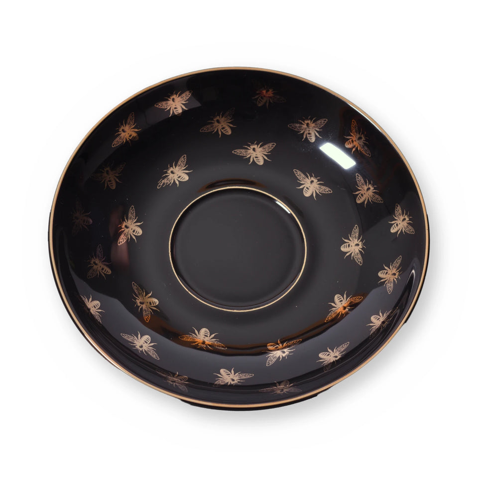 Fine bone china saucer, Black Bee design, from above