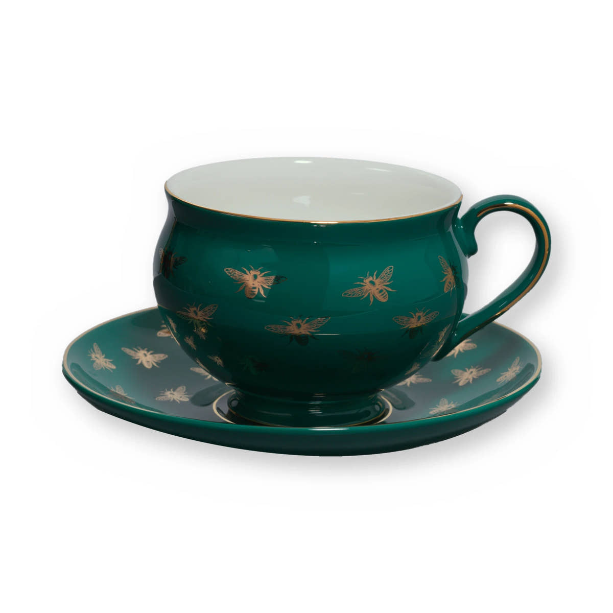 Fine bone china teacup, Green Bee design, on its saucer