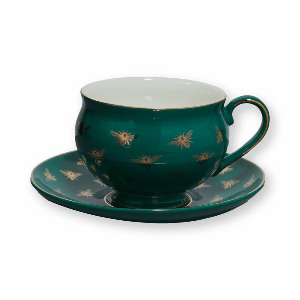 Fine bone china teacup, Green Bee design, on its saucer