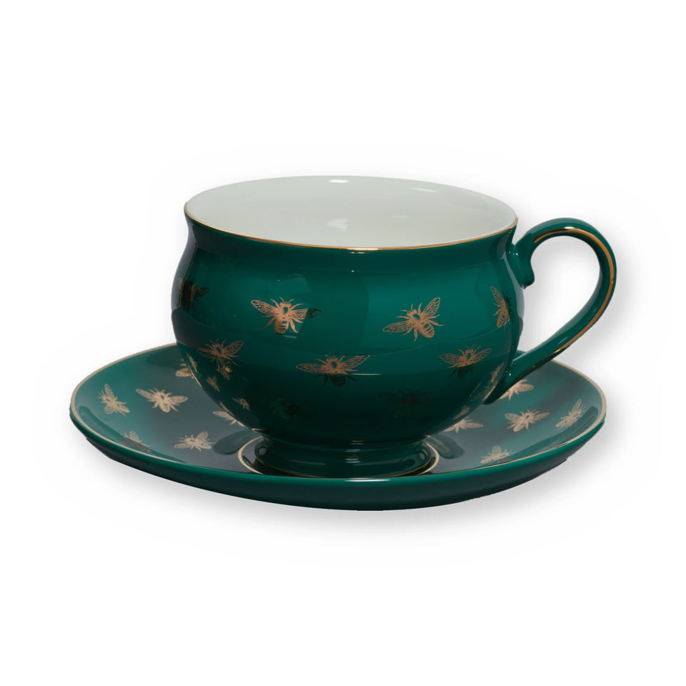 Fine bone china teacup, Green Bee design, on its saucer