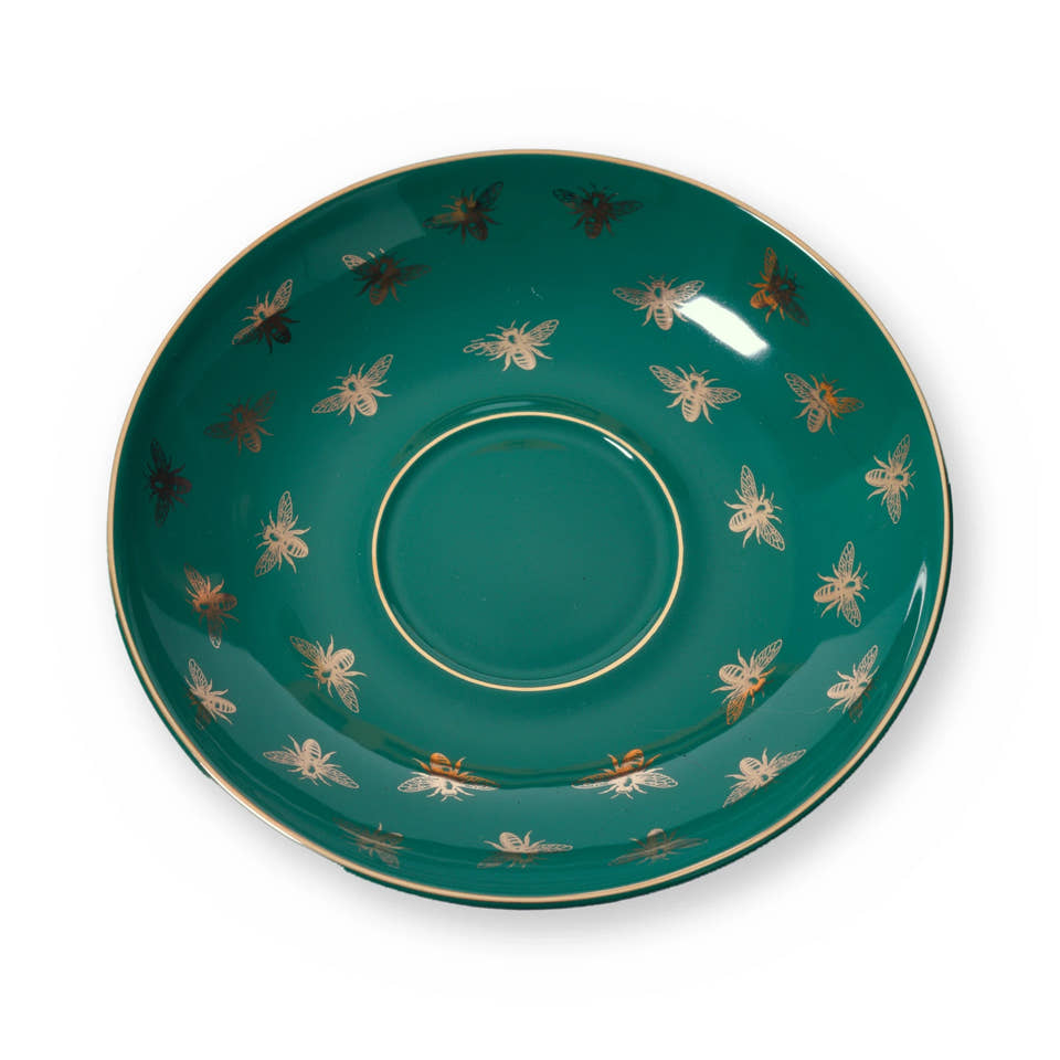 Fine bone china saucer, Green Bee design, from above