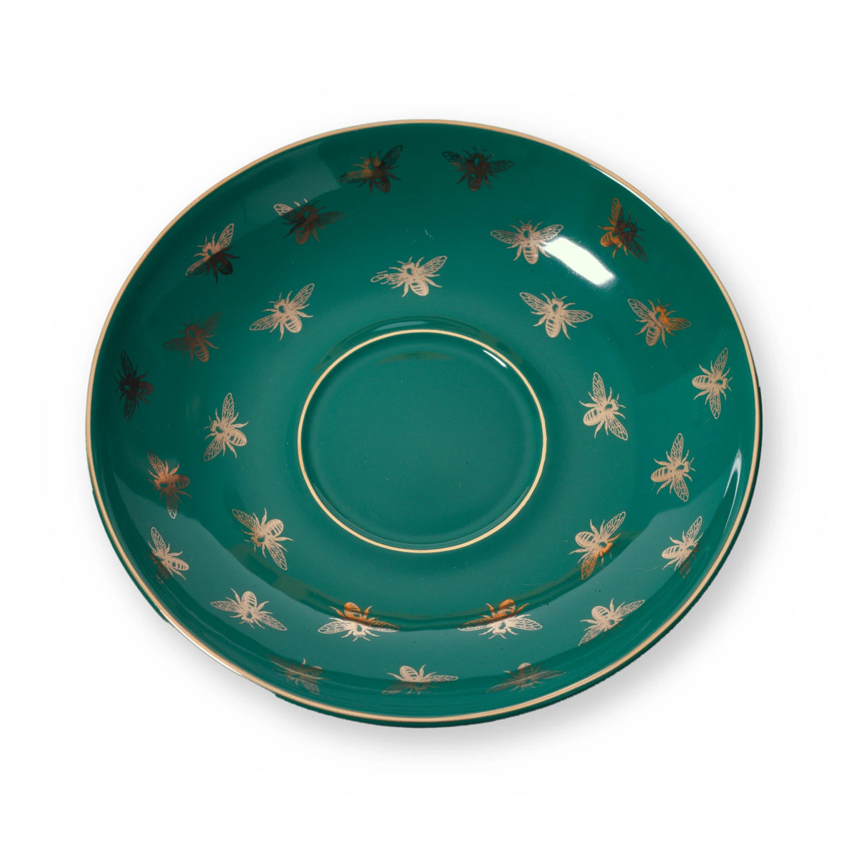 Fine bone china saucer, Green Bee design, from above