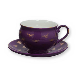 Fine bone china teacup, Purple Bee design, on its saucer