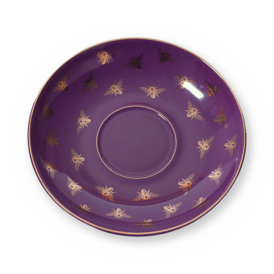 Fine bone china saucer, Purple Bee design, from above