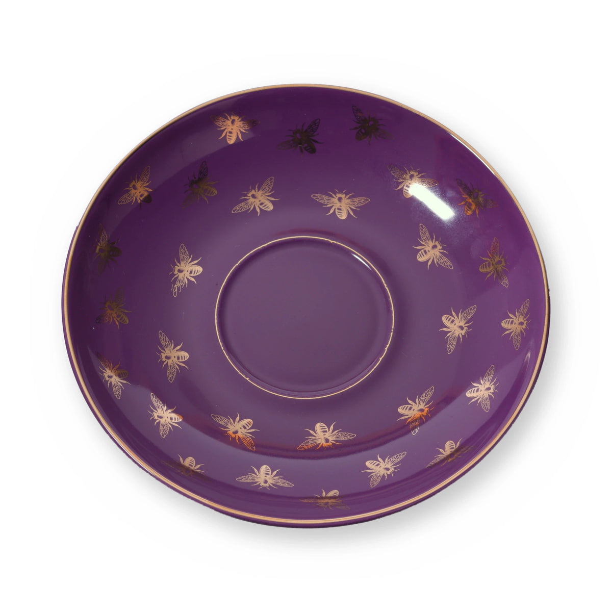 Fine bone china saucer, Purple Bee design, from above