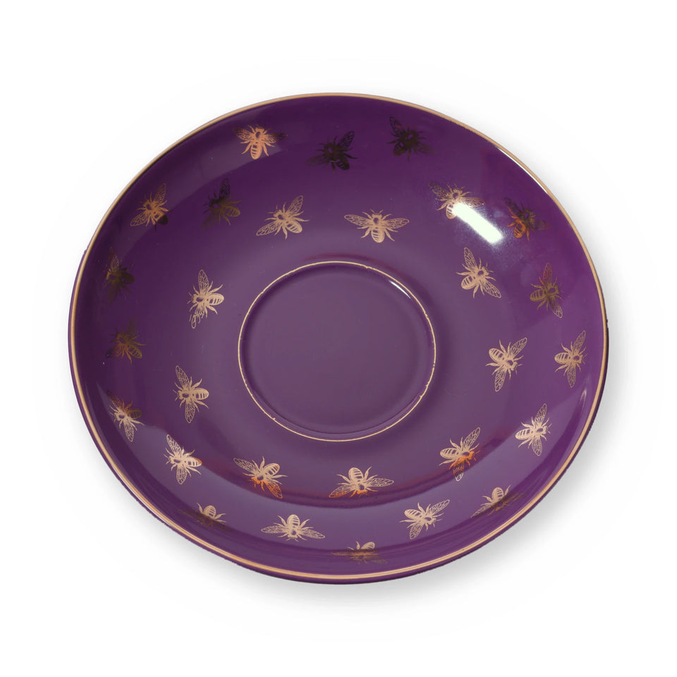Fine bone china saucer, Purple Bee design, from above