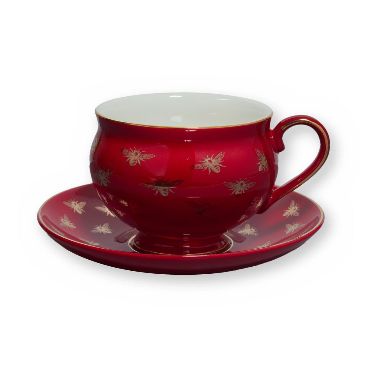 Fine bone china teacup, Red Bee design, on its saucer