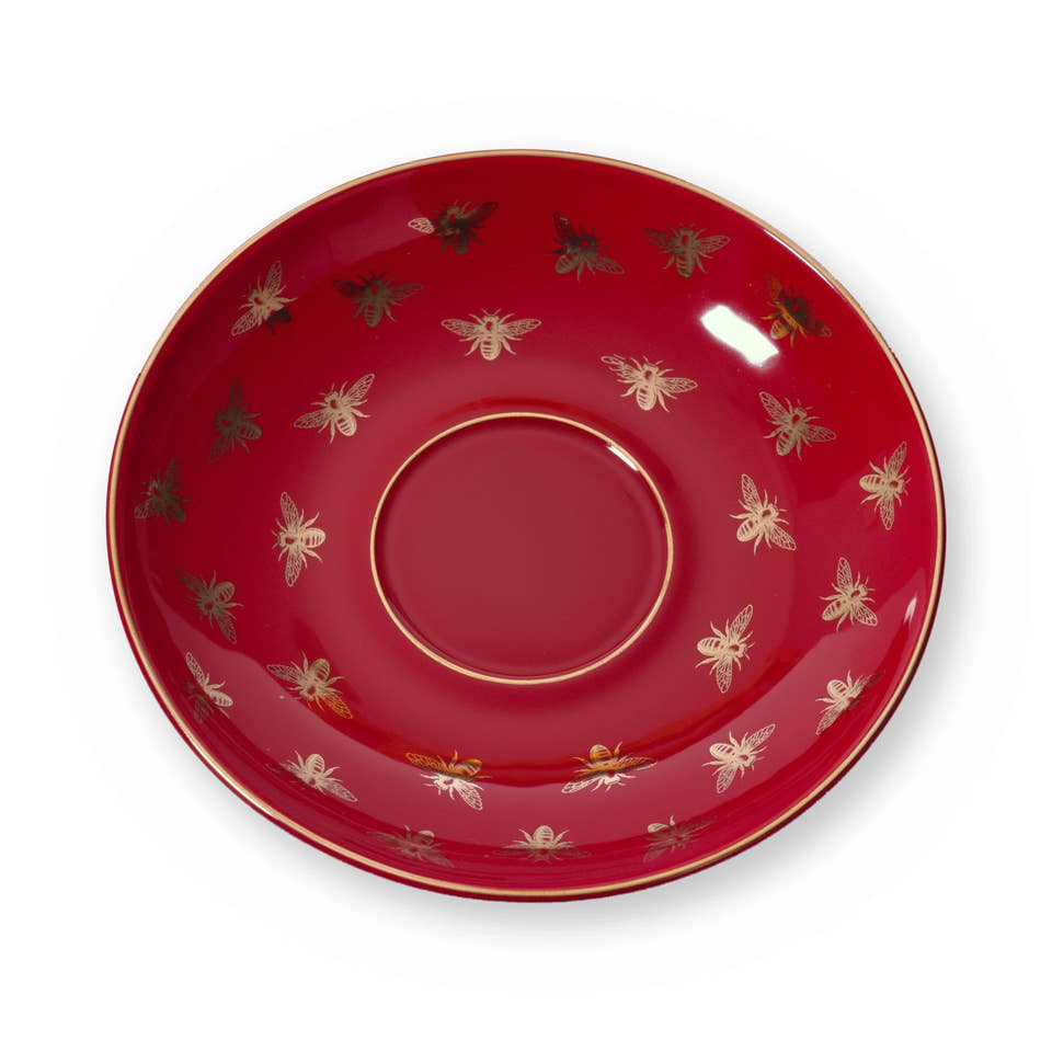 Fine bone china saucer, Red Bee design, from above