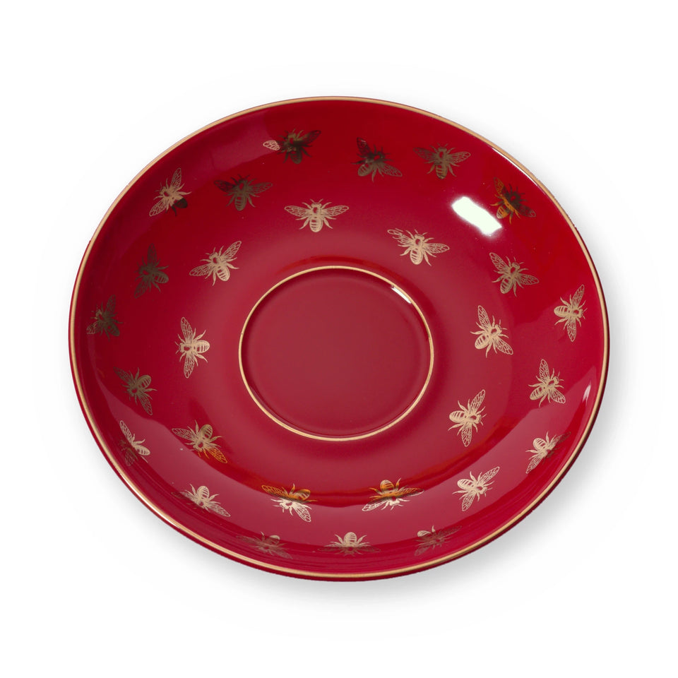 Fine bone china saucer, Red Bee design, from above