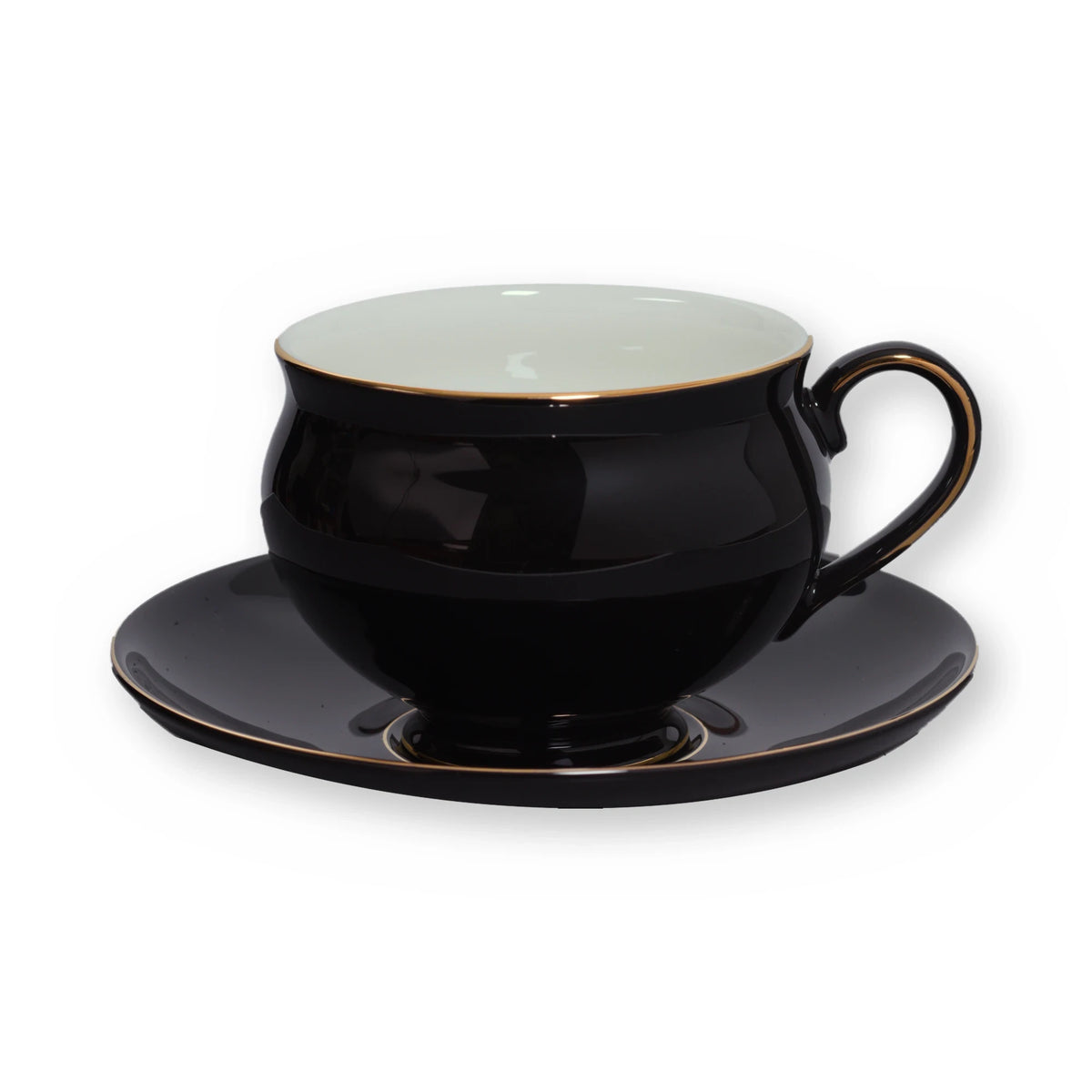 Fine bone china teacup, Black Plain design, on its saucer