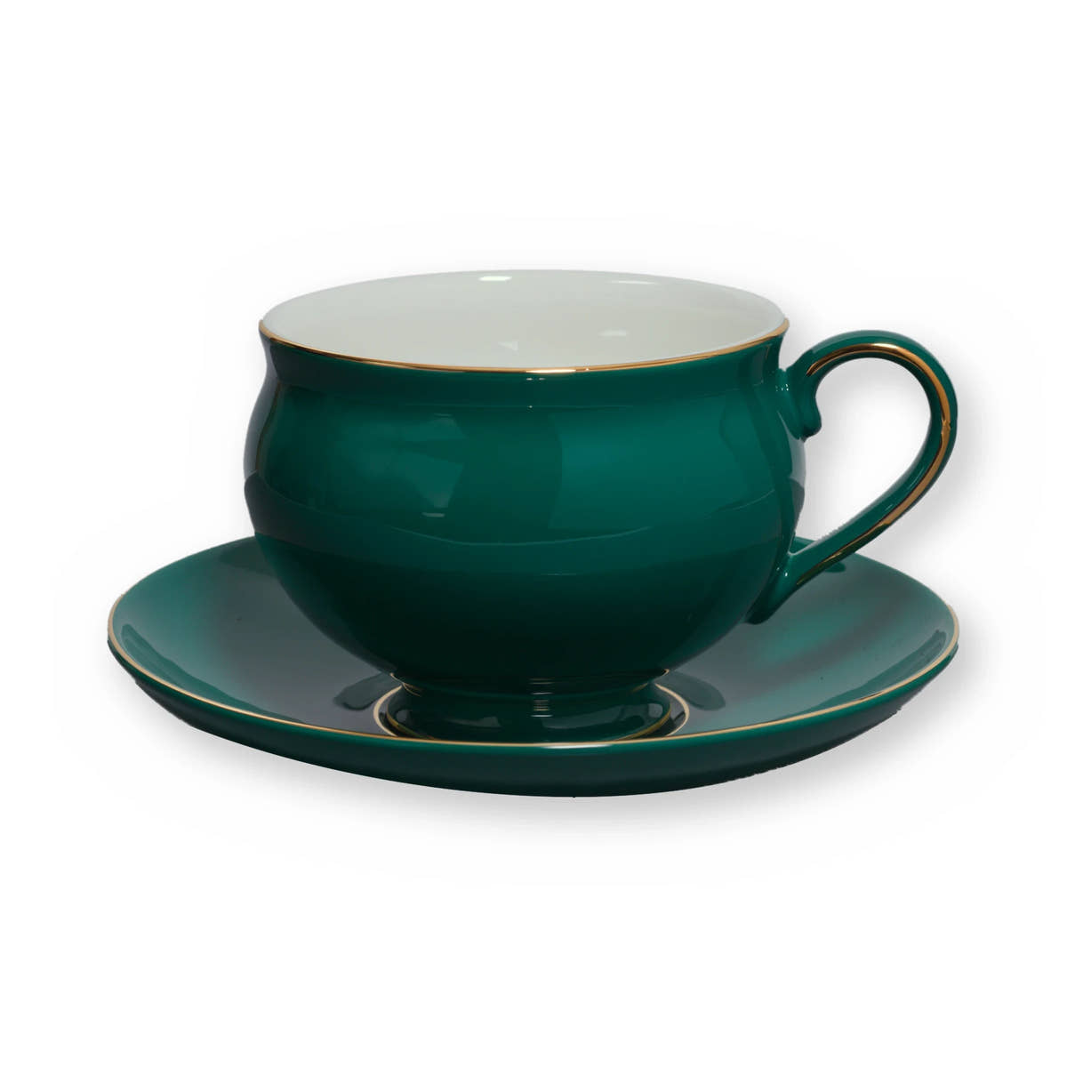 Fine bone china teacup, Green Plain design, on its saucer