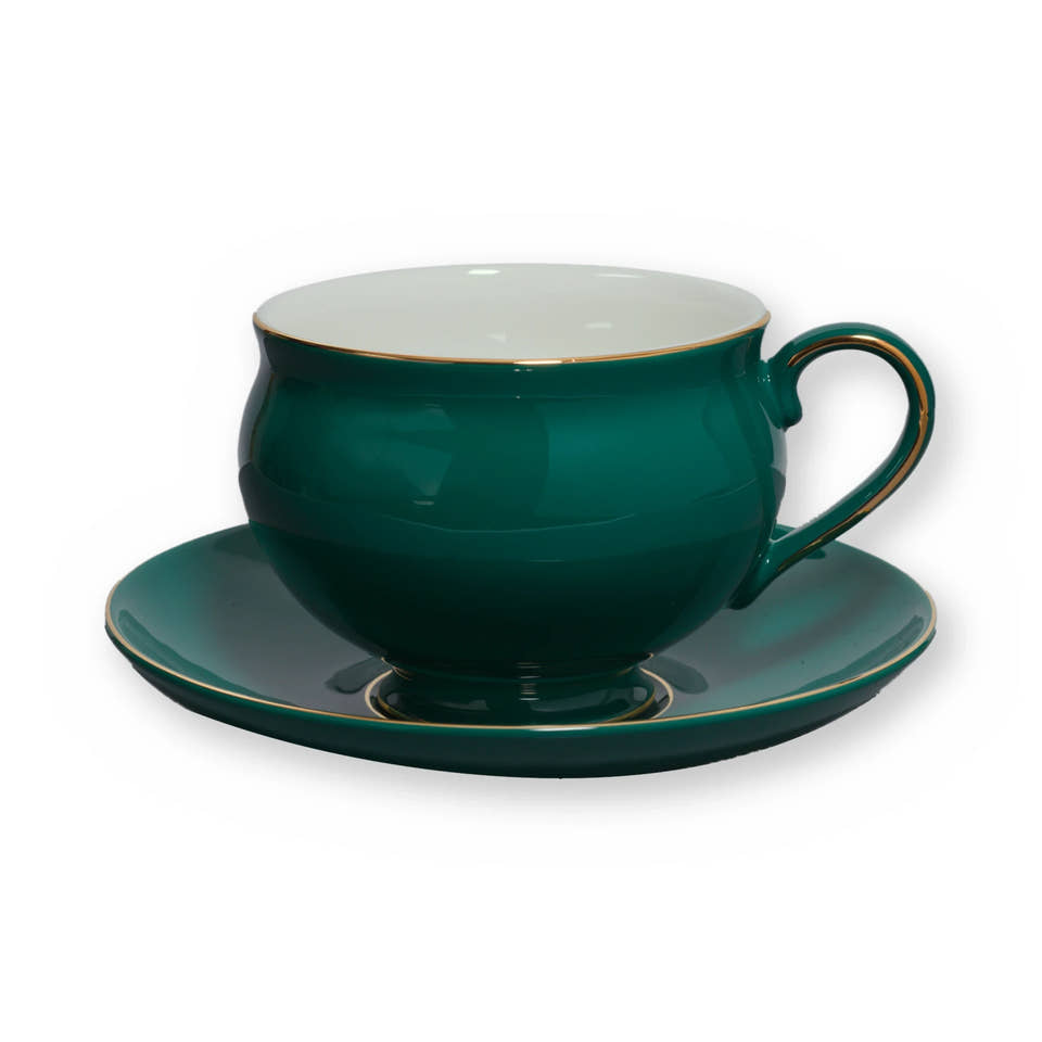 Fine bone china teacup, Green Plain design, on its saucer