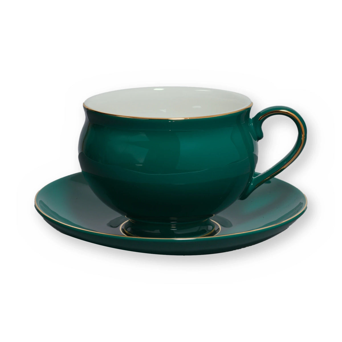Fine bone china teacup, Green Plain design, on its saucer