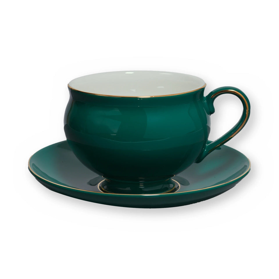 Fine bone china teacup, Green Plain design, on its saucer