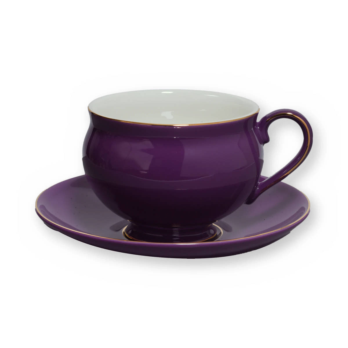 Fine bone china teacup, Purple Plain design, on its saucer