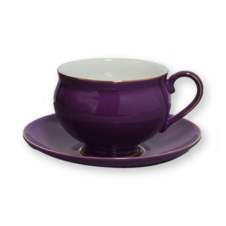 Fine bone china teacup, Purple Plain design, on its saucer