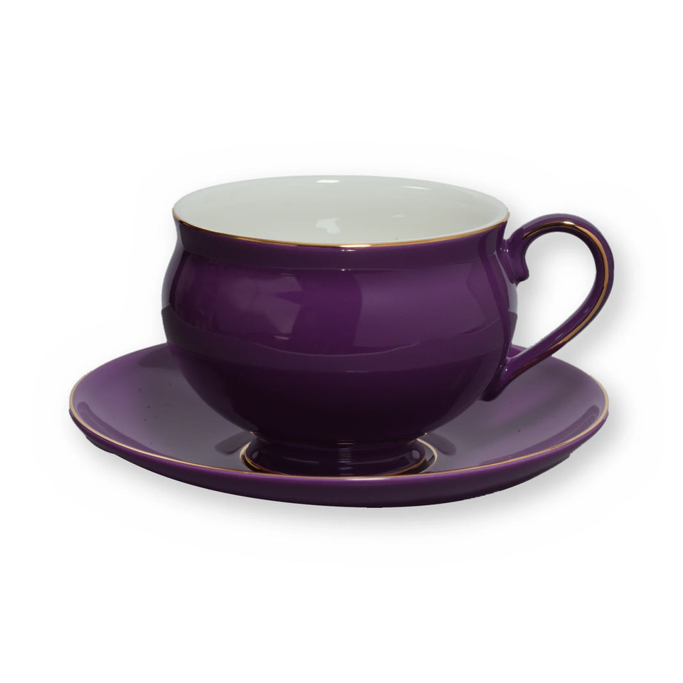 Fine bone china teacup, Purple Plain design, on its saucer