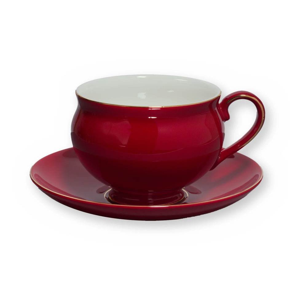Fine bone china teacup, Red Plain design, on its saucer