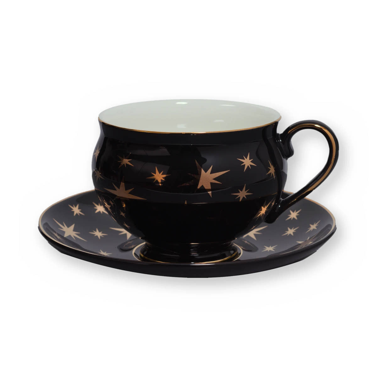 Fine bone china teacup, Black Star design, on its saucer