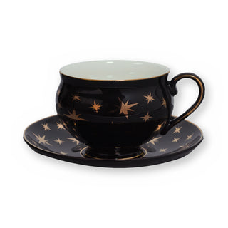 Fine bone china teacup, Black Star design, on its saucer