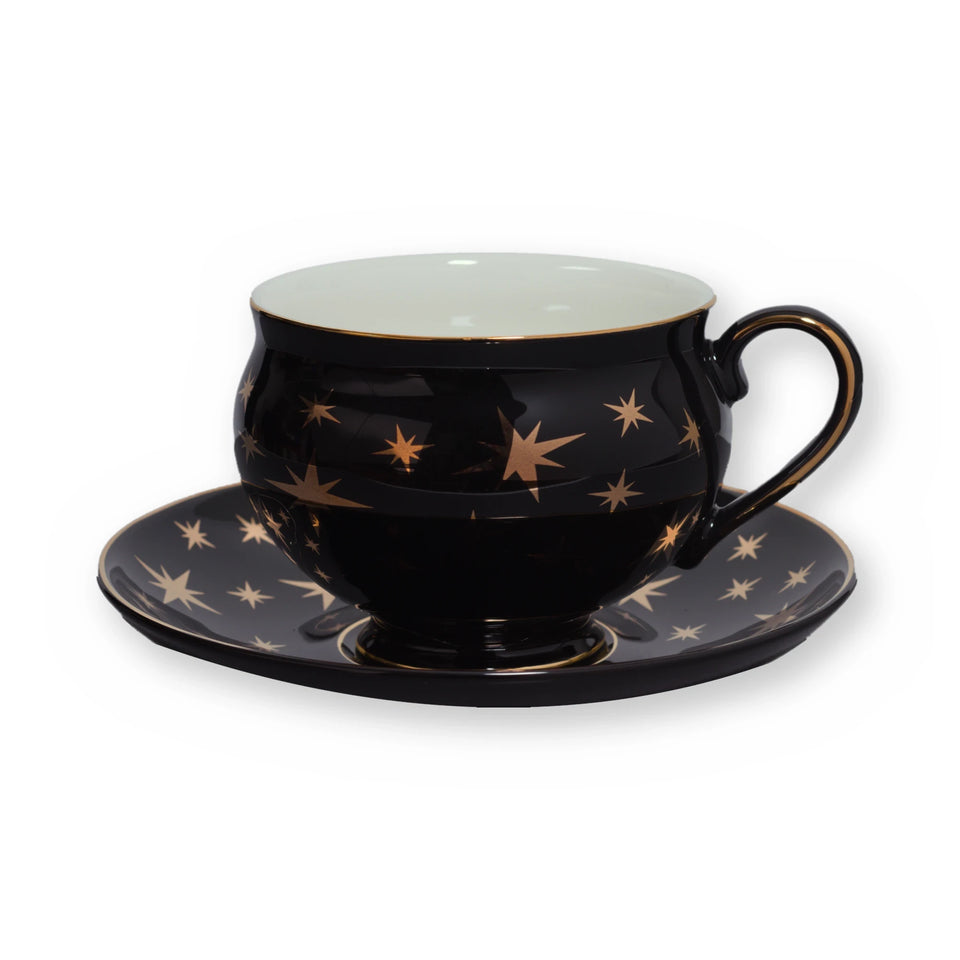 Fine bone china teacup, Black Star design, on its saucer