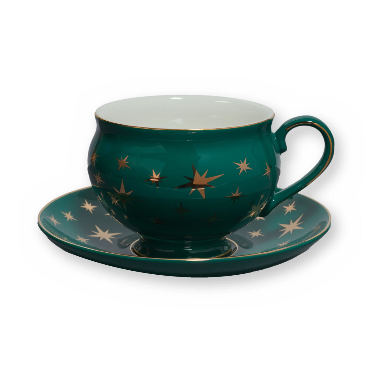 Fine bone china teacup, Green Star design, on its saucer