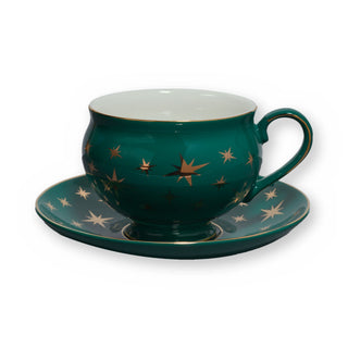 Fine bone china teacup, Green Star design, on its saucer